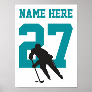 Aangepast Blauwgroen Hockey Player-nummer Poster