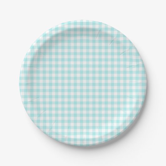 Aangepast Bleek Turquoise Gingham Papieren Bordje (Voorkant)
