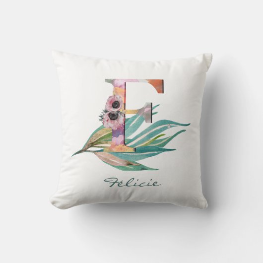 Aangepast bloem F letter waterverf bladmonogram Kussen (Voorkant)