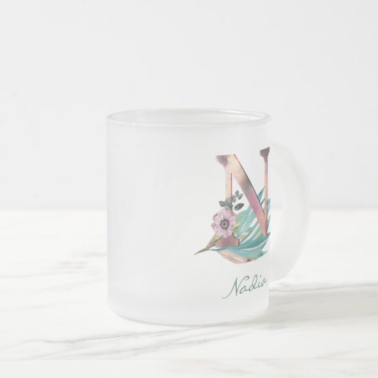 Aangepast bloem N-letter waterverf bladmonogram Matglas Koffiemok (Voorkant rechts)