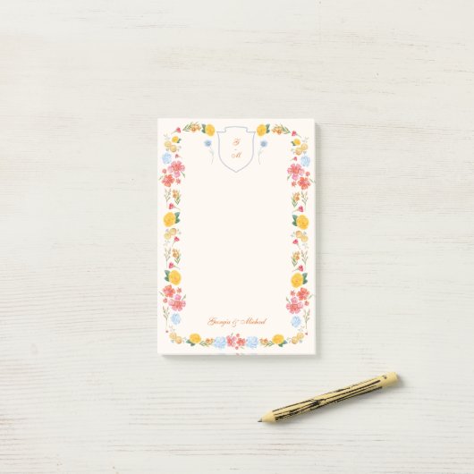 Aangepast bloemengestempeld bruiloftsmonogram post-it® notes (Op bureau)