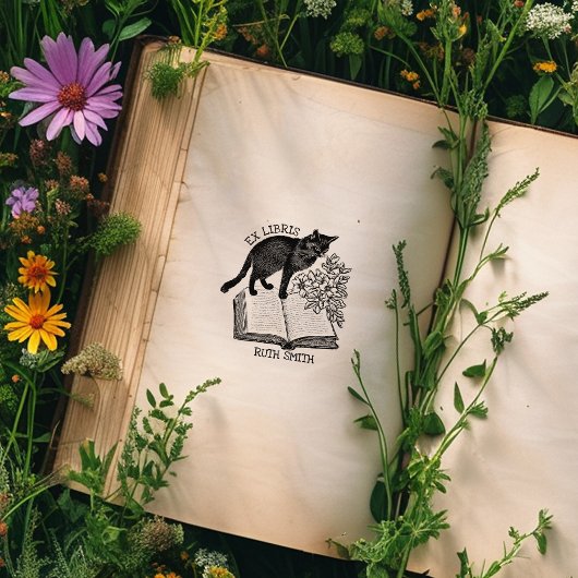 Aangepast bloemmotief 'Ex Libris' vintage kat boek Rubberstempel