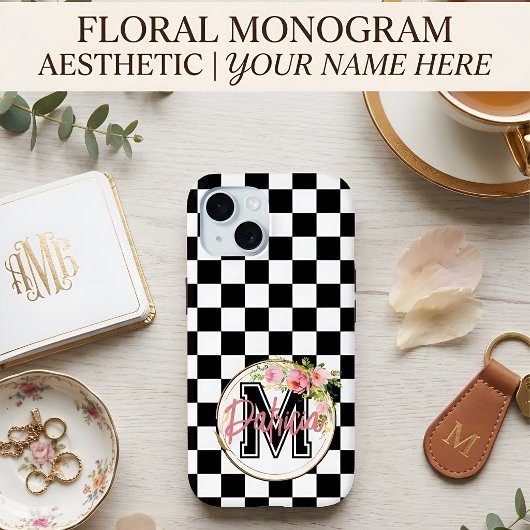 Aangepast bloemmotief met initiaal zwart-wit gerui Case-Mate iPhone case