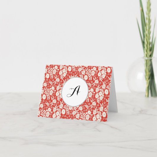 Aangepast bloemmotief met monogram rood bedankkaart (Voorkant)