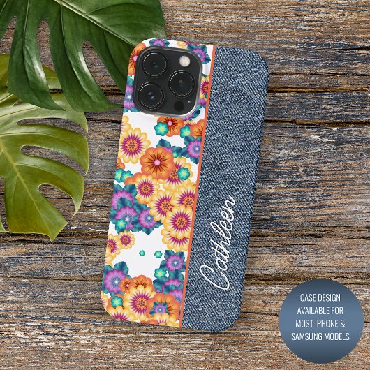 Aangepast bloempatroon op nep blauwe denim jeans Case-Mate iPhone case