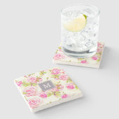 Aangepast Bloempatroon Oud Roos Monogram Stone C Stenen Onderzetter (Zijkant)