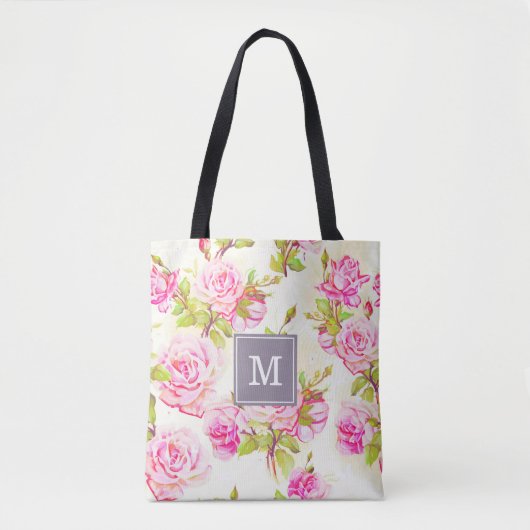 Aangepast Bloempatroon Oude Roos Monogram Canvas t Tote Bag (Voorkant)