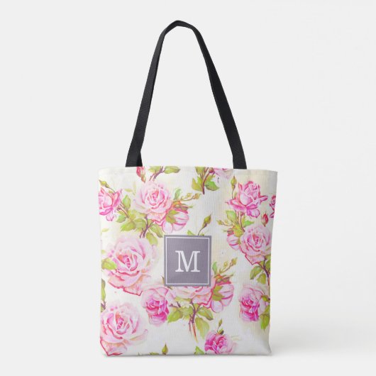 Aangepast Bloempatroon Oude Roos Monogram Canvas t Tote Bag (Achterkant)
