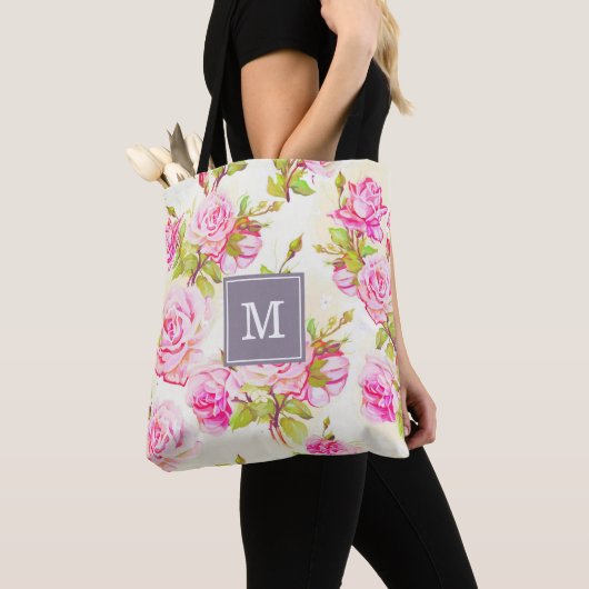 Aangepast Bloempatroon Oude Roos Monogram Canvas t Tote Bag (Dichtbij)