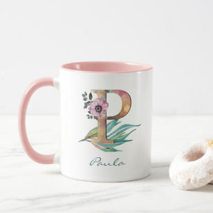 Aangepast bloemstuk P Letter Watercolor Loof Monog Mok