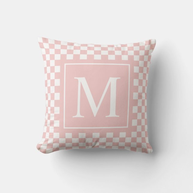 Aangepast Blush Pink Checkerboard Monogram Kussen (Voorkant)