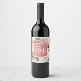 Aangepast  Blush Pink Floral 50th Birthday Wijn Etiket