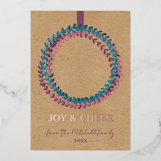 Aangepast Blush Roze Blauwgroen Blauw Groen Wreate Folie Feestdagenkaart (Voorkant)