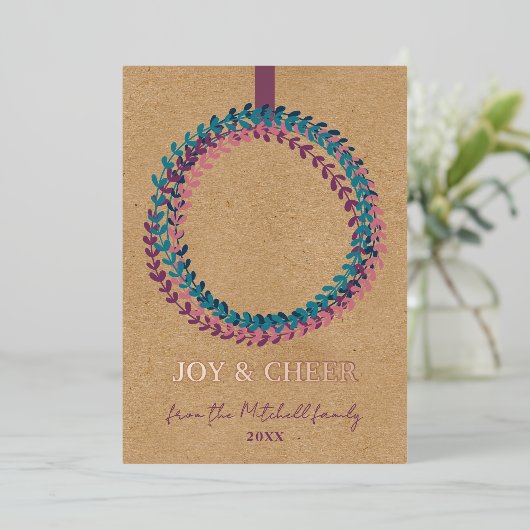 Aangepast Blush Roze Blauwgroen Blauw Groen Wreate Folie Feestdagenkaart (Staand Voorkant)