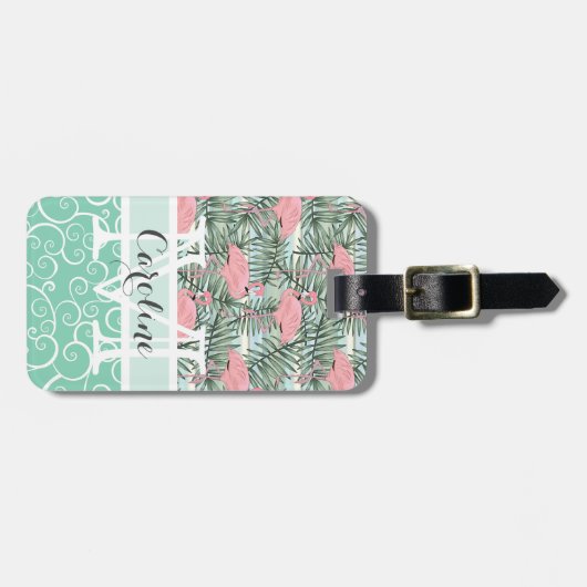 Aangepast Blush roze lamingoenen Palm Leafs Patroo Bagagelabel (Voorkant horizontaal)