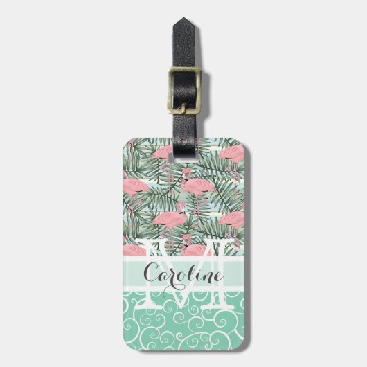 Aangepast Blush roze lamingoenen Palm Leafs Patroo Bagagelabel (Voorkant verticaal)