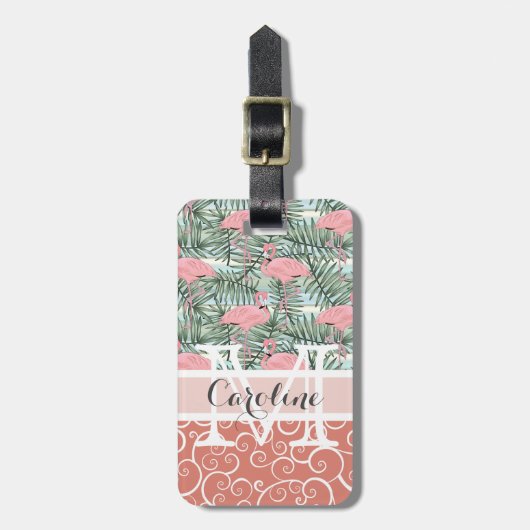 Aangepast Blush roze lamingoenen Palm Leafs Patroo Bagagelabel (Voorkant verticaal)