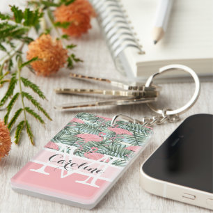 Aangepast Blush roze lamingoenen Palm Leafs Patroo Sleutelhanger