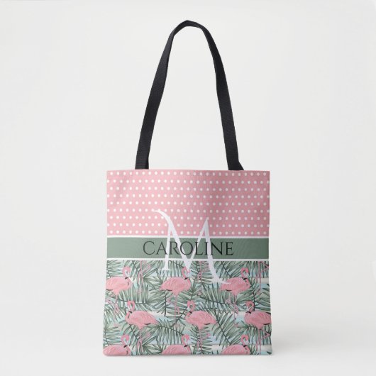 Aangepast Blush roze lamingoenen Palm Leafs Patroo Tote Bag (Voorkant)