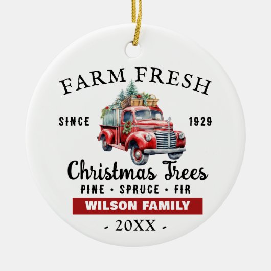 Aangepast Boerderij Verse  Rode Vrachtwagen Kerst Keramisch Ornament (Voorkant)