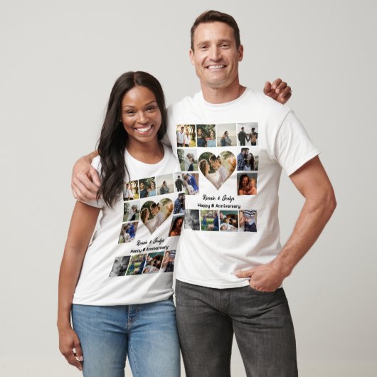Aangepast bruiloft Jubileum Hart 13 Foto-collage T-shirt (Unisex)