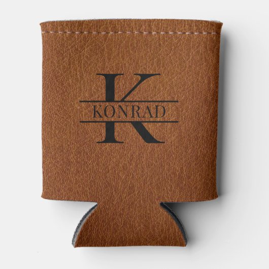 Aangepast Bruin Lederen Print Monogram Blikjeskoeler (Voorkant)