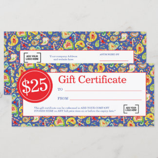 Aangepast cadeaubon blauw paisley Kerstmis
