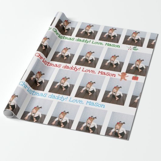 Aangepast cadeaupapier met foto- en tekstomloop (Uitgerold)