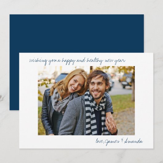 Aangepast Casual  script voor foto Blauw, nieuw ja Feestdagenkaart (Voorkant / Achterkant)