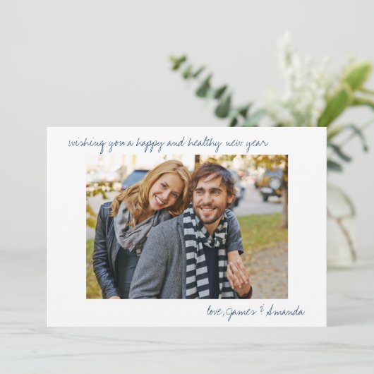 Aangepast Casual  script voor foto Blauw, nieuw ja Feestdagenkaart (Staand voorkant)