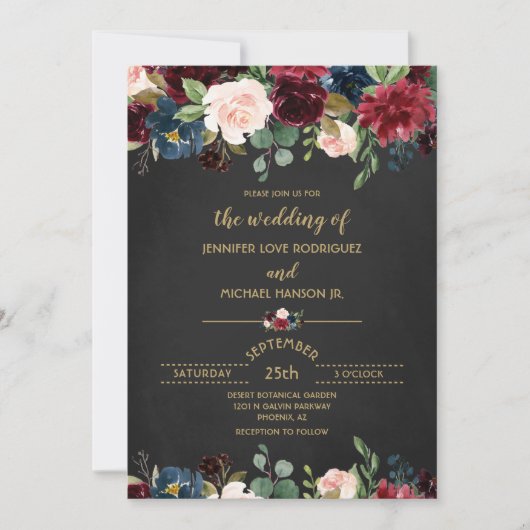 Aangepast Chalkboard Floral Burgundy Navy Wedding Kaart (Voorkant)