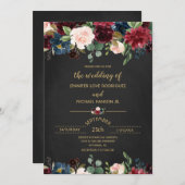 Aangepast Chalkboard Floral Burgundy Navy Wedding Kaart (Voorkant / Achterkant)