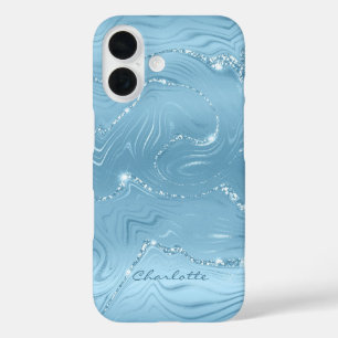 Aangepast Chic Blue Silver Glitter Pattern Girly iPhone 16 Hoesje