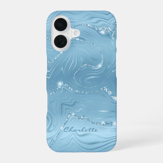 Aangepast Chic Blue Silver Glitter Pattern Girly iPhone 16 Hoesje (Achterkant)