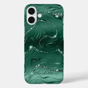 Aangepast Chic Emerald Green Silver Glitter Patroo iPhone 16 Plus Hoesje