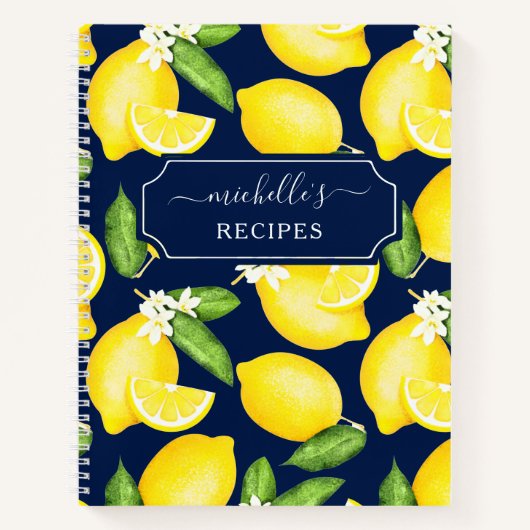 Aangepast Citrus Lemon Pattern Recipe Navy Blue Notitieboek (Voorkant)