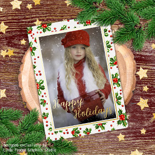 Aangepast Classic Green Holly Red Berries Gold Folie Feestdagen Briefkaart