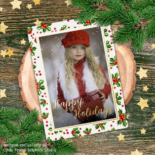 Aangepast Classic Green Holly Red Berries Gold Folie Feestdagenkaart