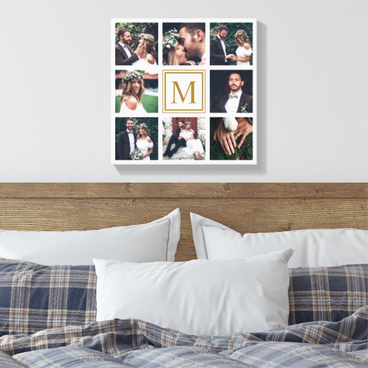 Aangepast collage 8 Weddenschap Foto Gold Monogram Canvas Afdruk (Insitu (Slaapkamer))
