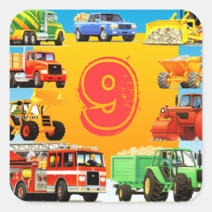 Aangepast constructietransport 9e verjaardag van d vierkante sticker