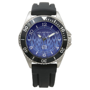 Aangepast Cool Blue op Blue Racing Flames Dial Horloge