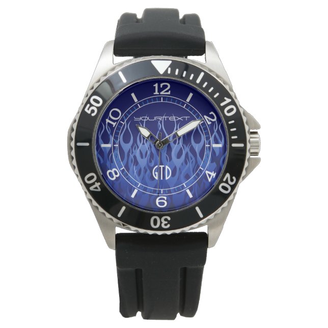 Aangepast Cool Blue op Blue Racing Flames Dial Horloge (Voorkant)