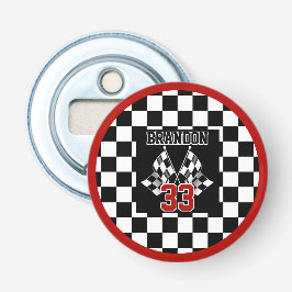 Aangepast Cool Zwart En Wit Geruite Vlag Patroon Button Flesopener