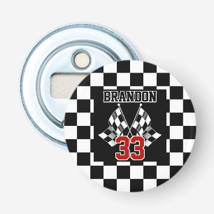 Aangepast Cool Zwart En Wit Geruite Vlag Patroon Button Flesopener