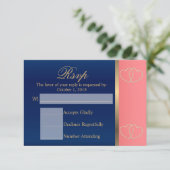 Aangepast - Coral & Navy Blue met Gold Hearts - RS RSVP Kaartje (Staand voorkant)