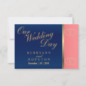 Aangepast - Coral & Navy Blue met Gold Hearts - RS RSVP Kaartje (Achterkant)