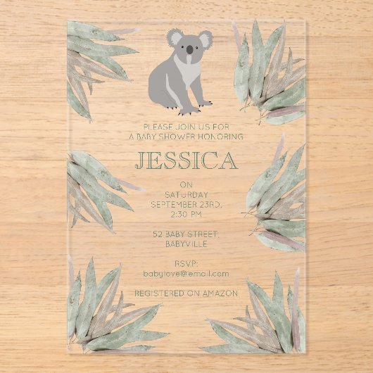 Aangepast Cute Koala Eucalyptus Baby shower Acryl Uitnodigingen (Voorkant)