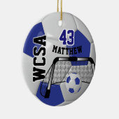 Aangepast donkerblauw en wit Voetbal personalisere Keramisch Ornament (Rechts)