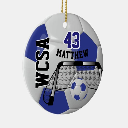 Aangepast donkerblauw en wit Voetbal personalisere Keramisch Ornament (Rechts)