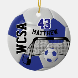 Aangepast donkerblauw en wit Voetbal personalisere Keramisch Ornament